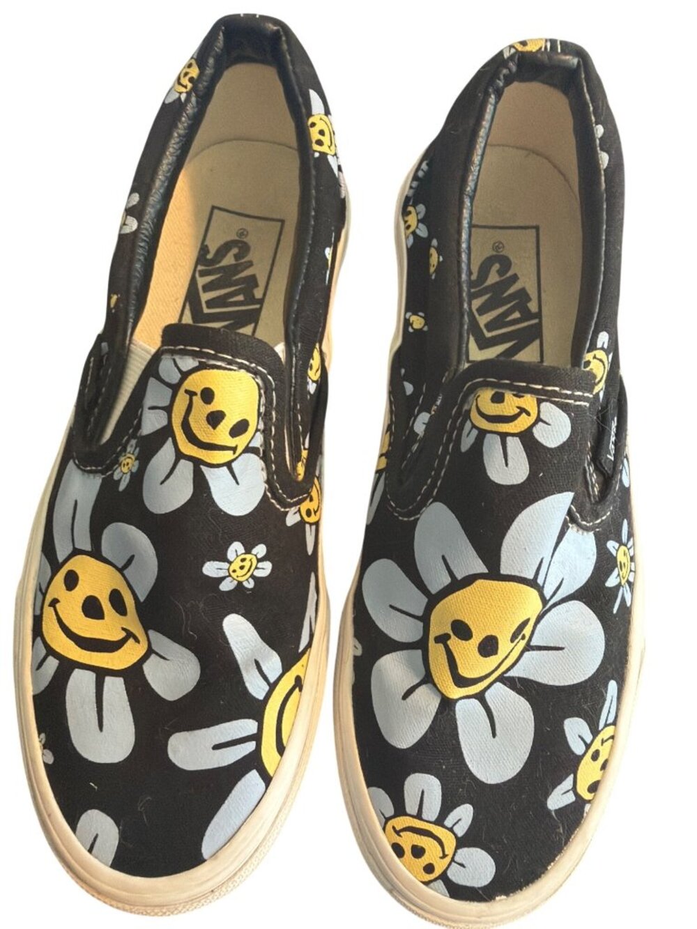 Vans Slip On Shoes Trippy Grin Black Flowers Daisy Smiling 508731 Size 5